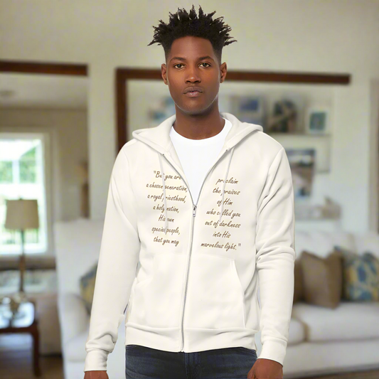 Chosen Bible Verse Front and Back Full Zip Hoodie for Men and Women. - vintage white