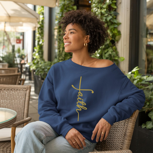 Faith Cross Womens Wide Neck Sweatshirt, Navy
