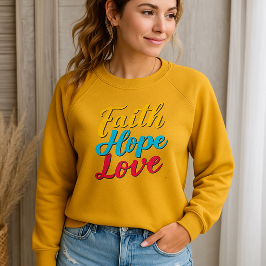 Faith Hope Love Pullover Fleece Sweatshirt - Yellow Mustard