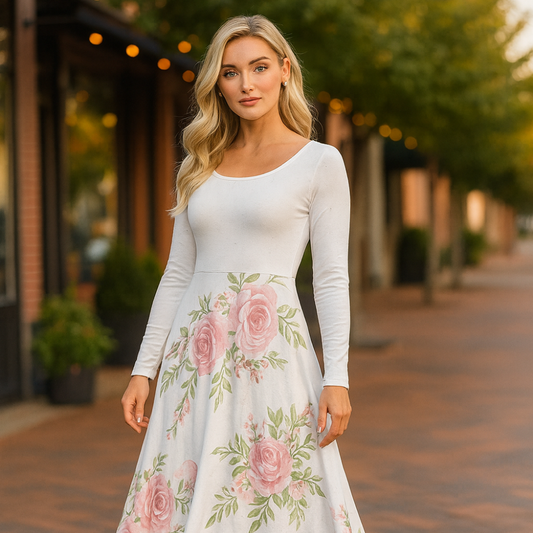 Cottagecore Women's Long-Sleeve Casual Dress, Pink Flower