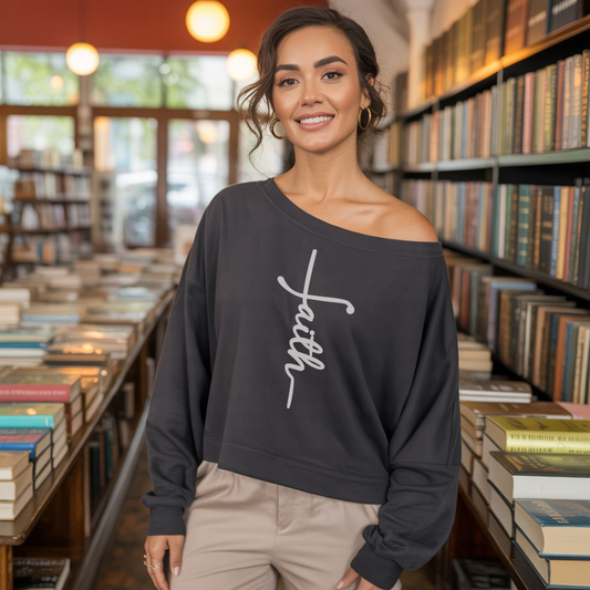 Faith Cross Womens Wide Neck Sweatshirt, Black