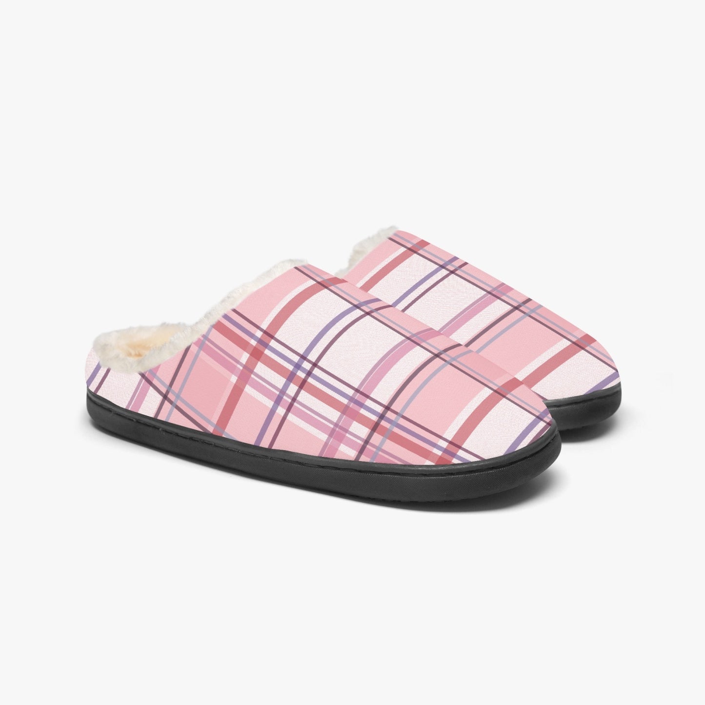 Pink Plaid Fluffy Bedroom Slippers