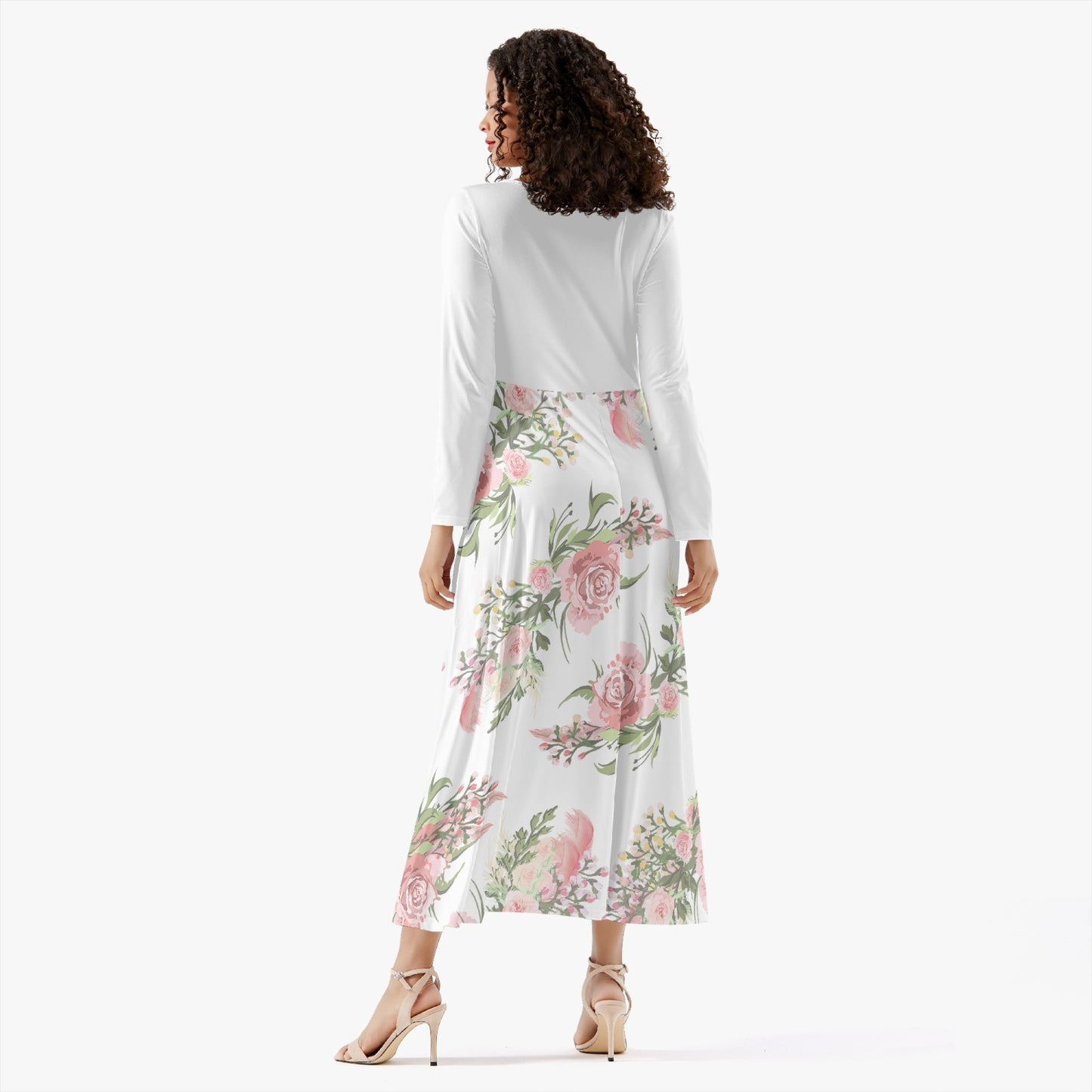 Cottagecore Women's Long-Sleeve Casual Dress, Pink Flower
