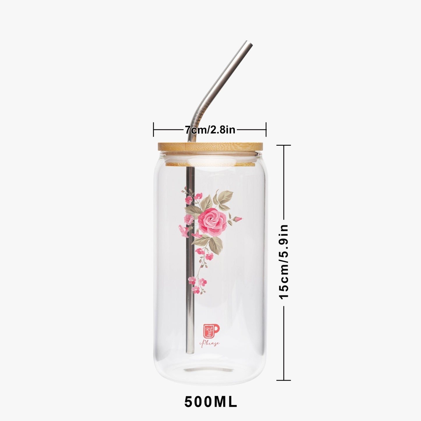 Clear Glass Tumbler with Rose Flower Image, Bamboo Lid
