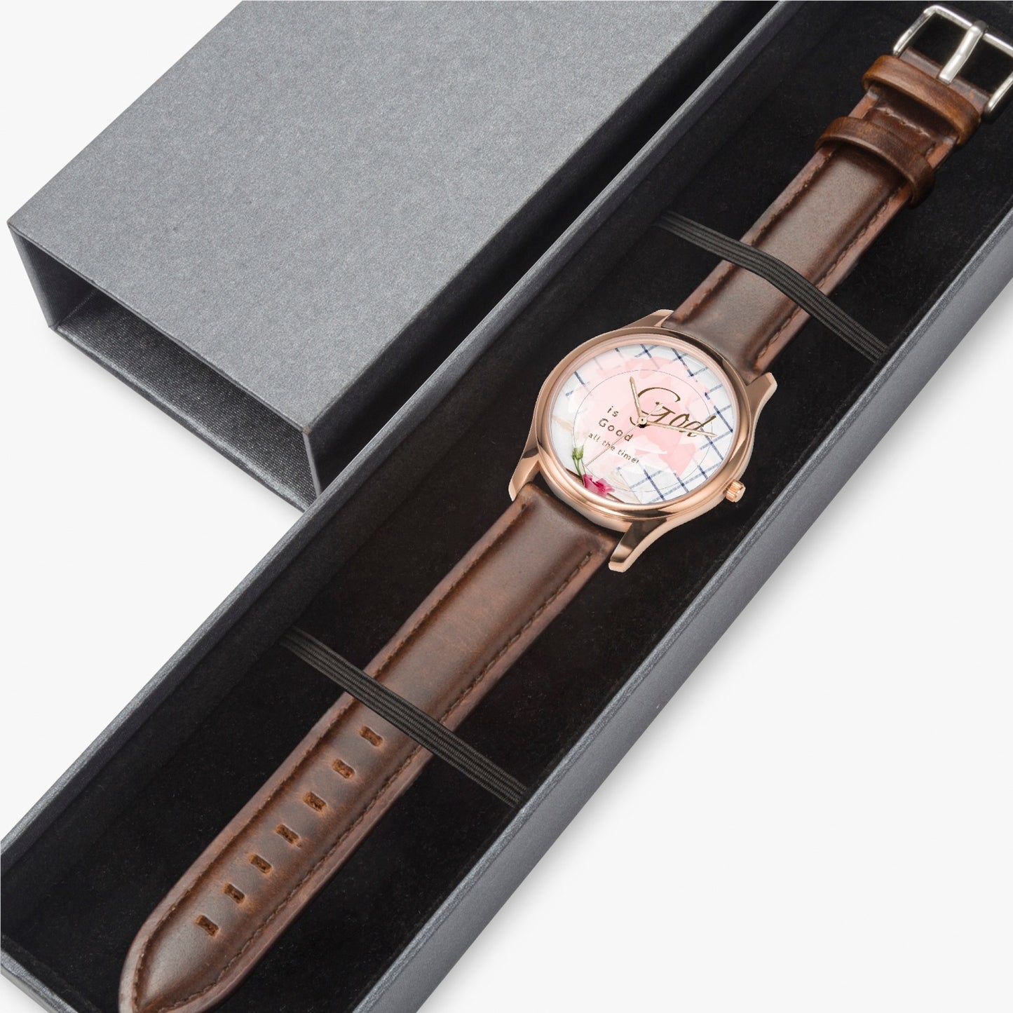 Watch God Is Good All The Time Leather Strap Classic Quartz Watch (Rose Gold)