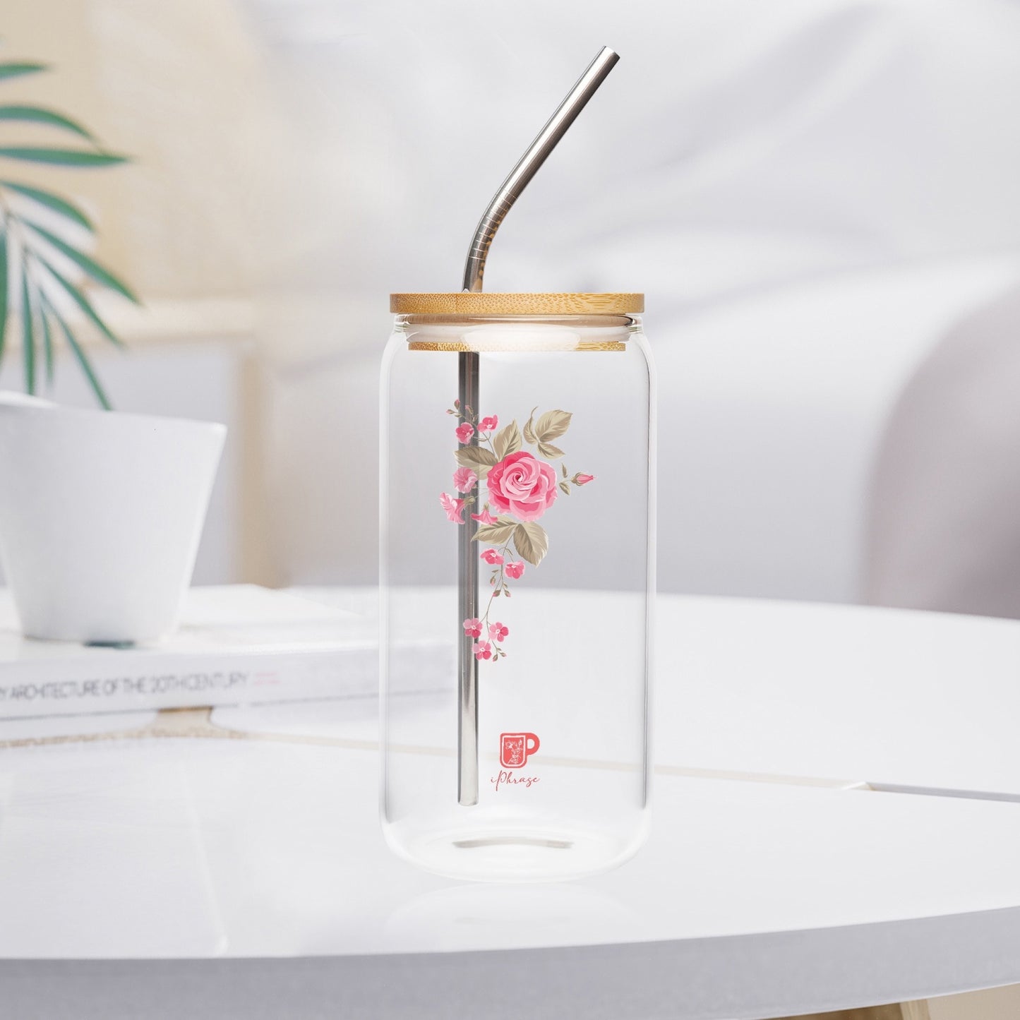 Clear Glass Tumbler with Rose Flower Image, Bamboo Lid