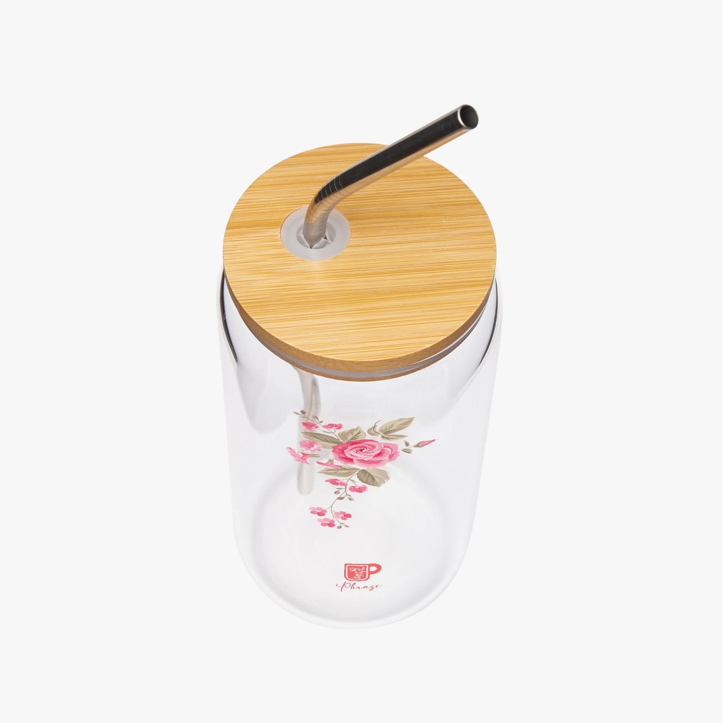 Clear Glass Tumbler with Rose Flower Image, Bamboo Lid