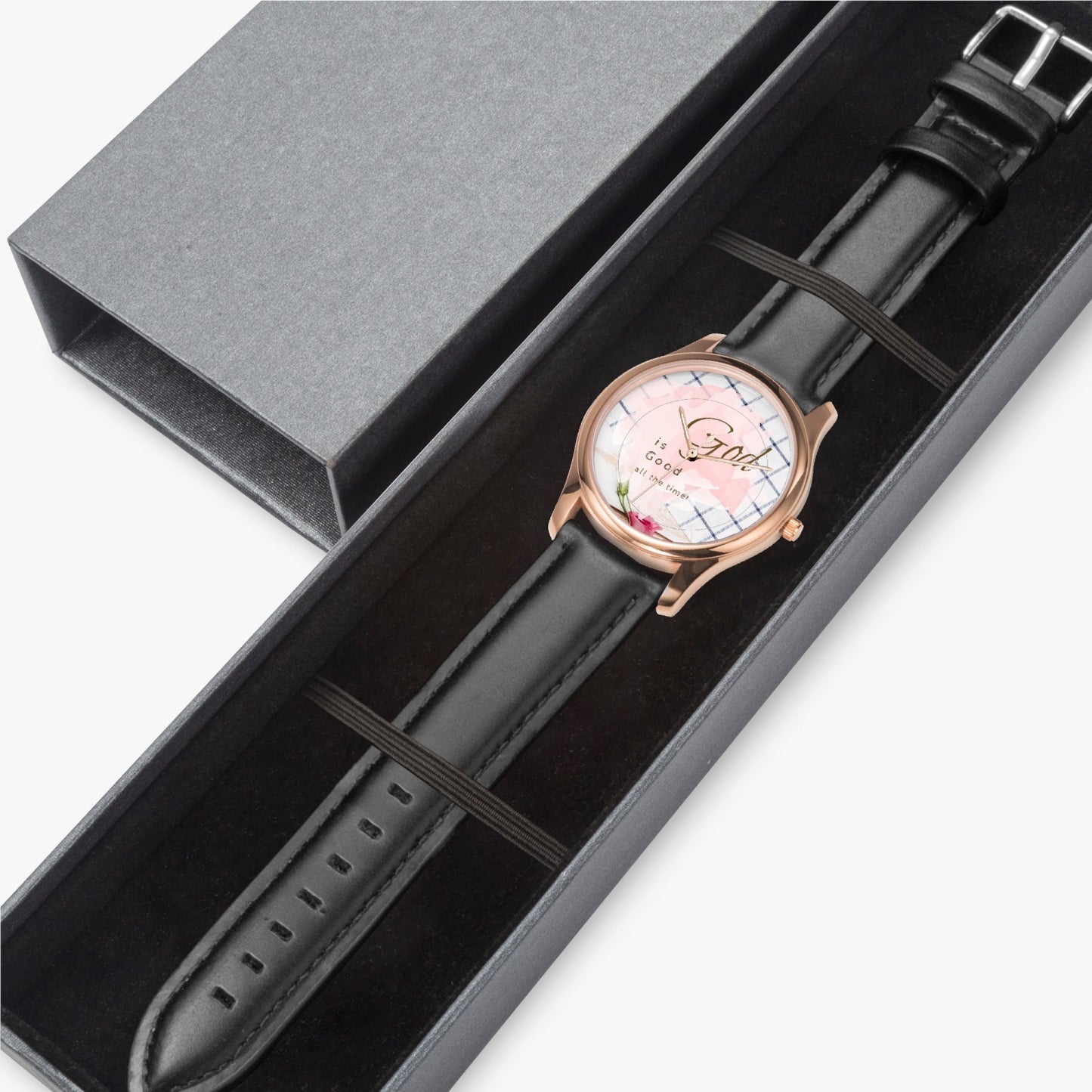 Watch God Is Good All The Time Leather Strap Classic Quartz Watch (Rose Gold)