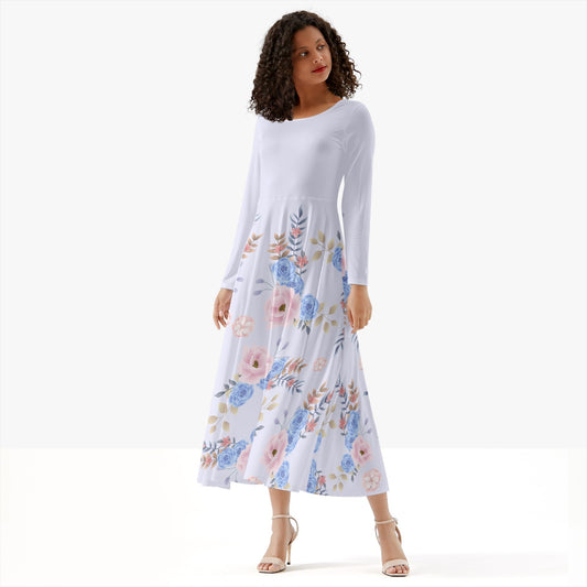 Cottagecore Women's Long-Sleeve Casual Dress, Blue Flowers