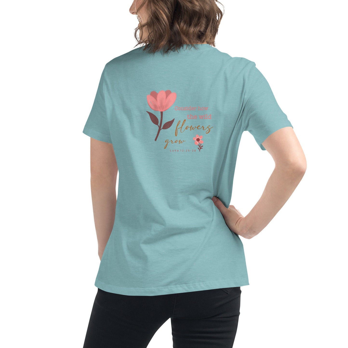 Women Relaxed T-Shirt with Embroidery Flower and Bible verse