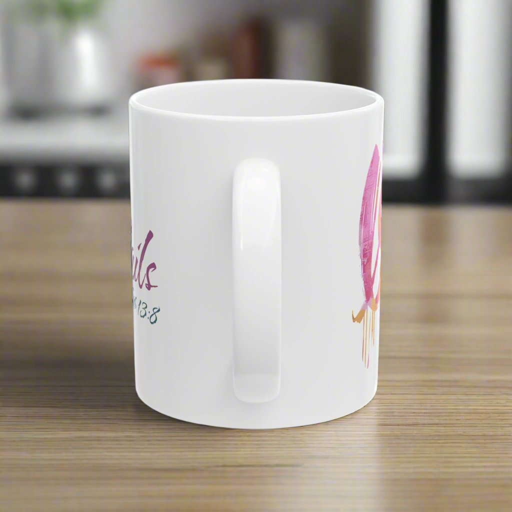 Inspiring Loving Message "Love Never Fails" Bible Scripture on White Ceramic Mug, 11oz