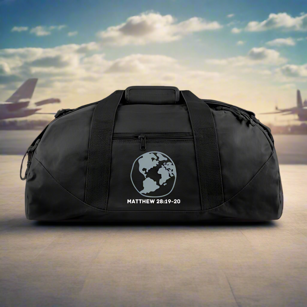 Great Commission Bible Verse Travel Duffle Bag Denim Style - black