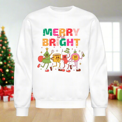 Funny Merry And Bright Christmas Cartoon Characters Marching Crewneck Sweatshirt - white