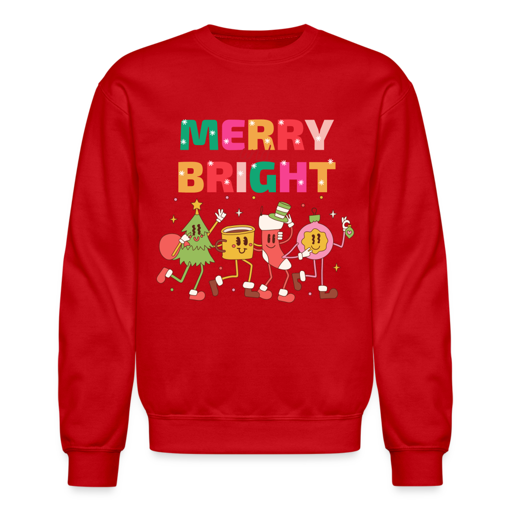 Funny Merry And Bright Christmas Cartoon Characters Marching Crewneck Sweatshirt - red