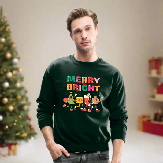 Funny Merry And Bright Christmas Cartoon Characters Marching Crewneck Sweatshirt - forest green