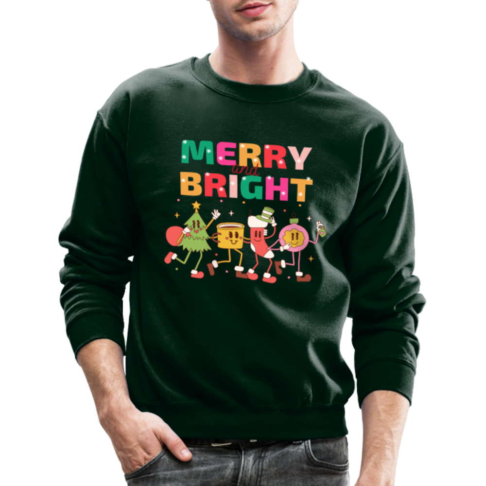 Funny Merry And Bright Christmas Cartoon Characters Marching Crewneck Sweatshirt - forest green