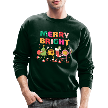 Funny Merry And Bright Christmas Cartoon Characters Marching Crewneck Sweatshirt - forest green