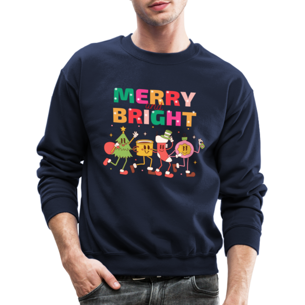 Funny Merry And Bright Christmas Cartoon Characters Marching Crewneck Sweatshirt - navy