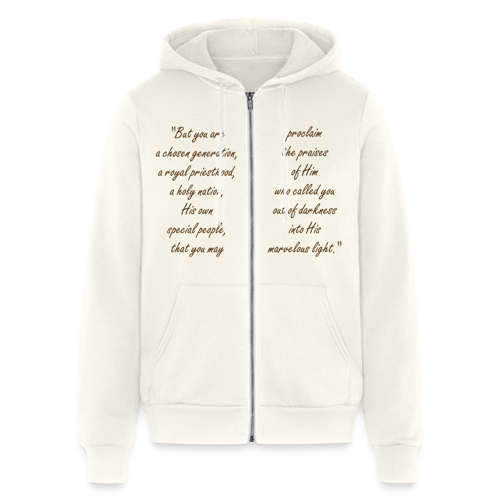 Chosen Bible Verse Front and Back Full Zip Hoodie for Men and Women. - vintage white