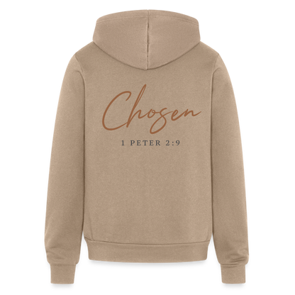 Chosen Bible Verse Front and Back Full Zip Hoodie for Men and Women. - tan