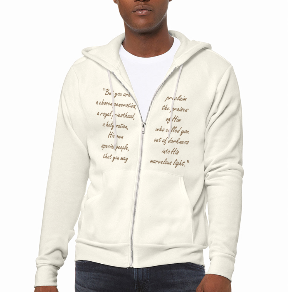 Chosen Bible Verse Front and Back Full Zip Hoodie for Men and Women. - vintage white