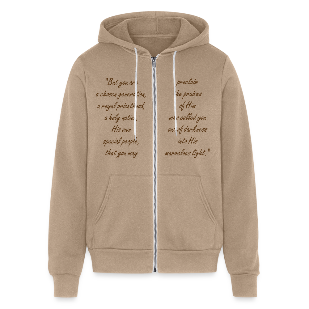 Chosen Bible Verse Front and Back Full Zip Hoodie for Men and Women. - tan
