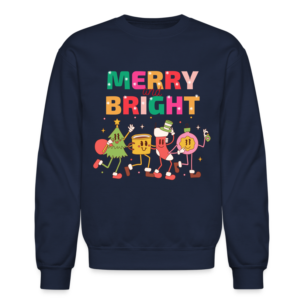 Funny Merry And Bright Christmas Cartoon Characters Marching Crewneck Sweatshirt - navy