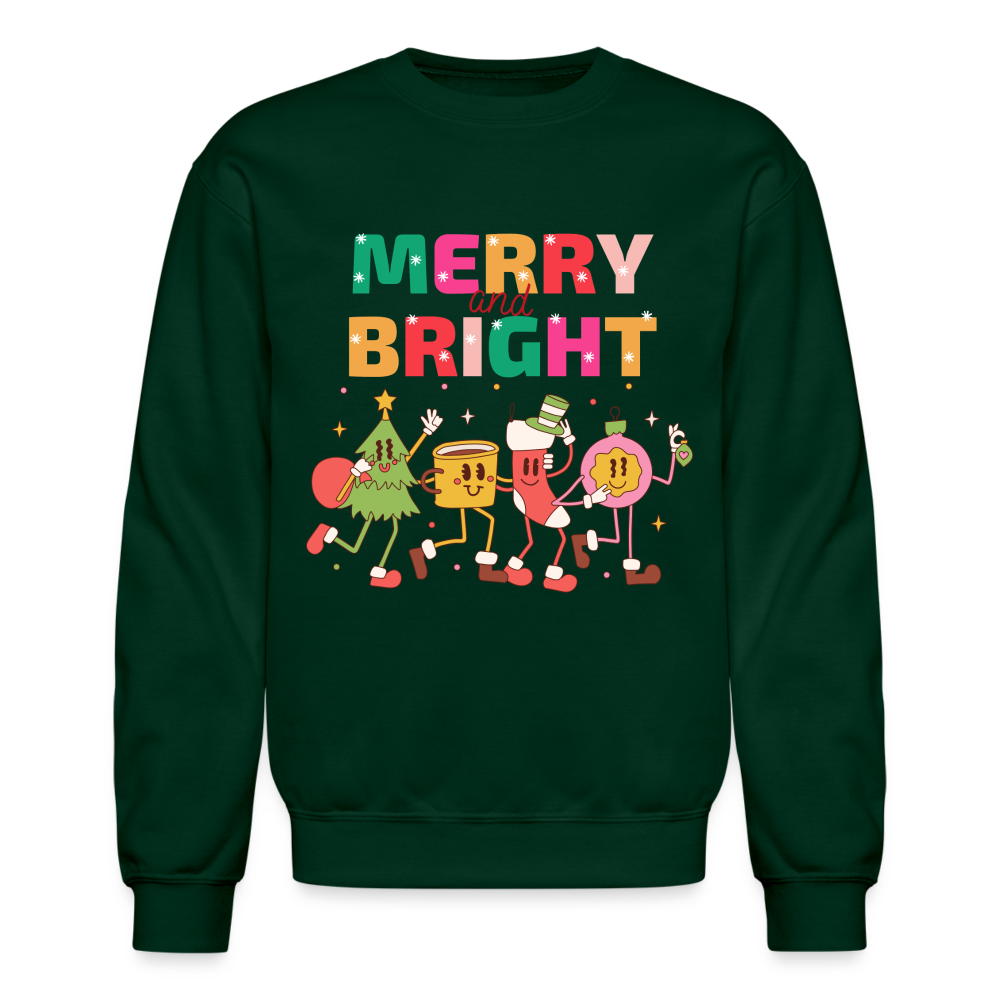 Funny Merry And Bright Christmas Cartoon Characters Marching Crewneck Sweatshirt - forest green