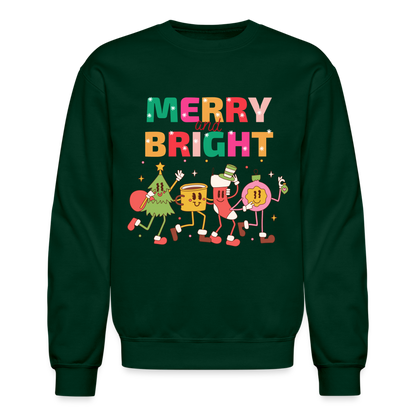 Funny Merry And Bright Christmas Cartoon Characters Marching Crewneck Sweatshirt - forest green