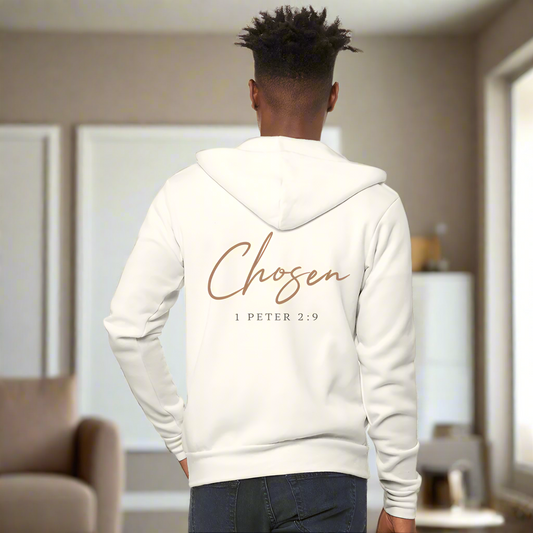 Chosen Bible Verse Front and Back Full Zip Hoodie for Men and Women. - vintage white