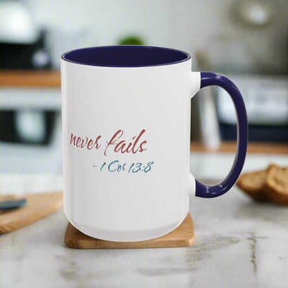 Inspirational Love Never Fails Coffee Mug, Beautiful Crafted Ceramic Cup, Gift for Him Her, Religious Quote, 11oz 15oz