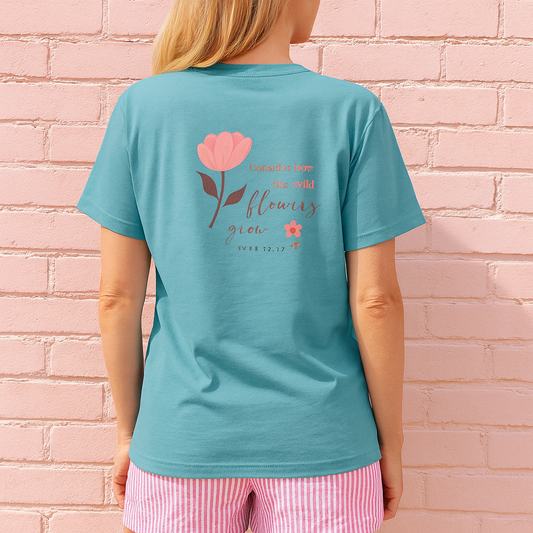 Women Relaxed T-Shirt with Embroidery Flower and Bible verse