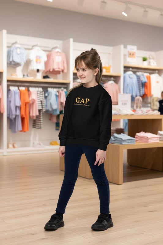 A young girl modeling a black crewneck sweatshirt with a gold GAP God Answers Prayers on the chest, paired with dark navy pants and black sneakers, set against a plain white background.
