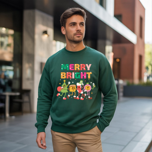 Funny Merry And Bright Christmas Cartoon Characters Marching Crewneck Sweatshirt