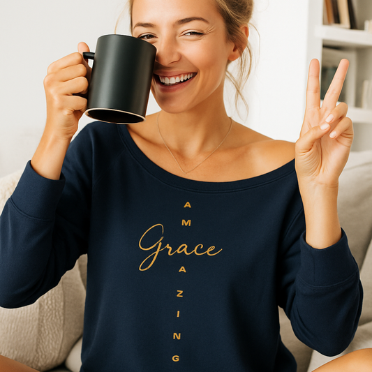 Amazing Grace Womens Wide Neck Sweatshirt, color Navy Blue