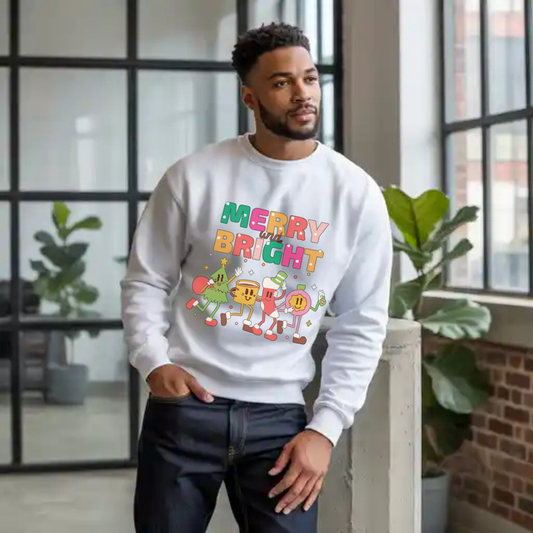 Funny Merry And Bright Christmas Cartoon Characters Marching Crewneck Sweatshirt