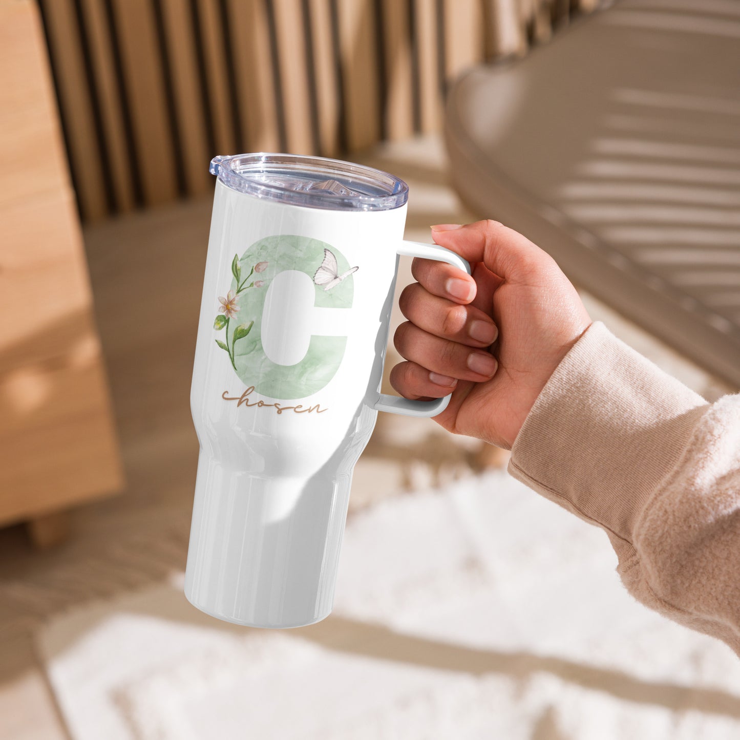 Monogrammed initial letter C  in Green for word Chosen. Travel mug with a handle, 25 Oz