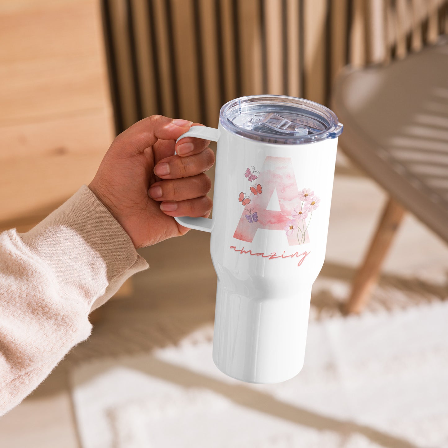 Monogrammed initial letter A in Pink for word Amazing. Travel mug with a handle, 25 Oz.