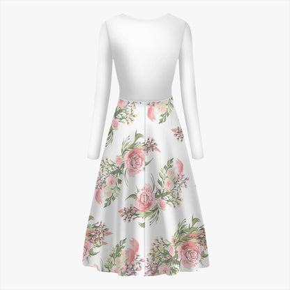Cottagecore Women's Long-Sleeve Casual Dress, Pink Flower