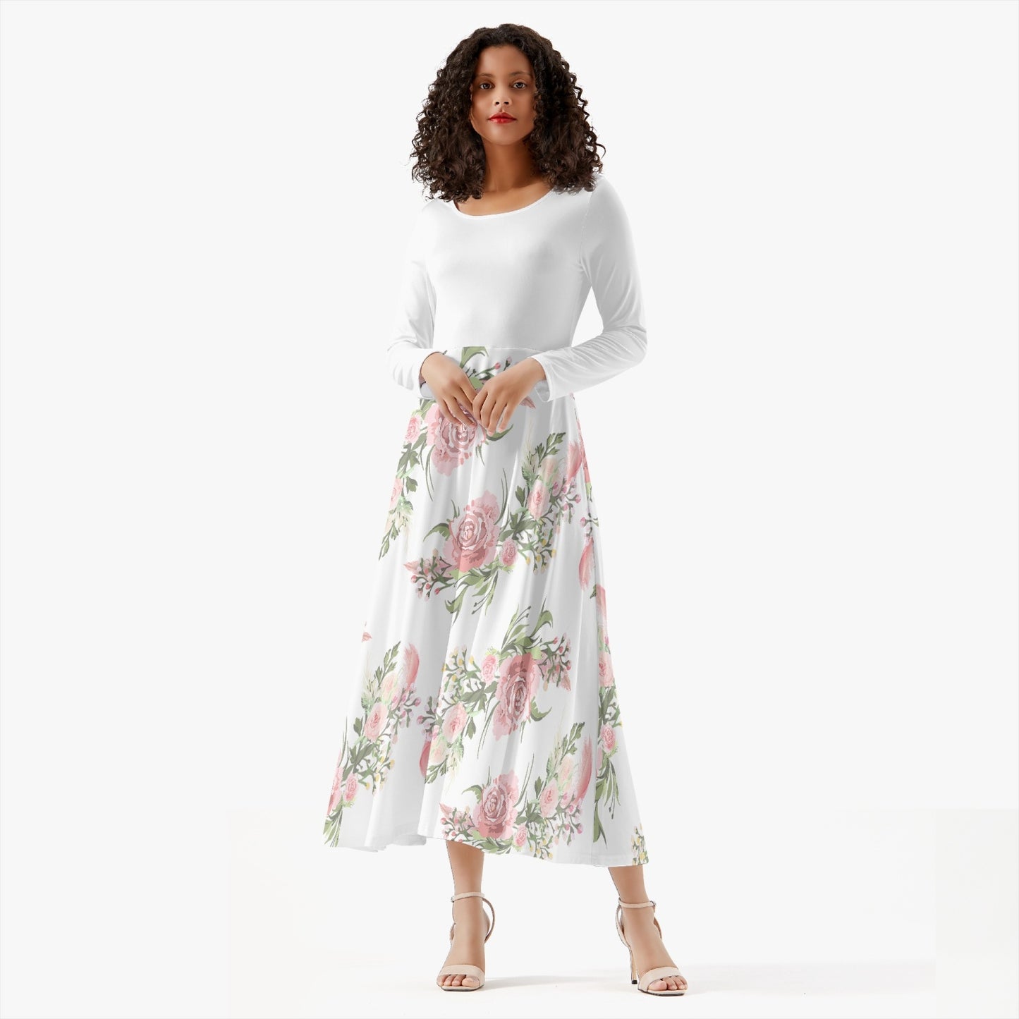 Cottagecore Women's Long-Sleeve Casual Dress, Pink Flower