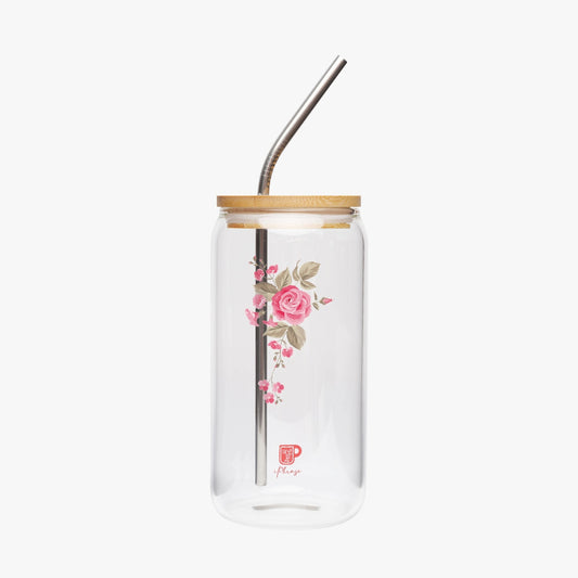 Clear Glass Tumbler with Rose Flower Image, Bamboo Lid