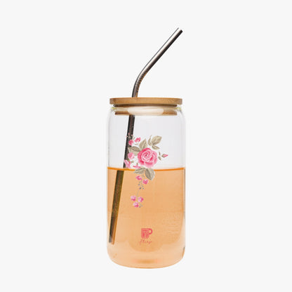 Clear Glass Tumbler with Rose Flower Image, Bamboo Lid