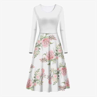 Cottagecore Women's Long-Sleeve Casual Dress, Pink Flower