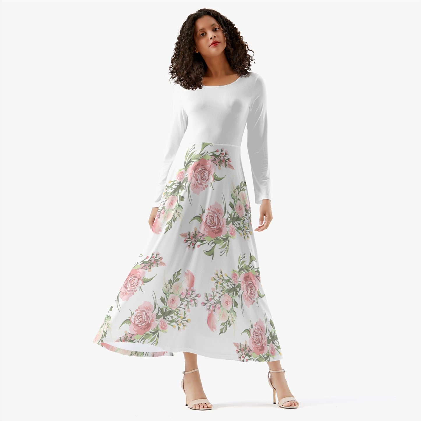 Cottagecore Women's Long-Sleeve Casual Dress, Pink Flower