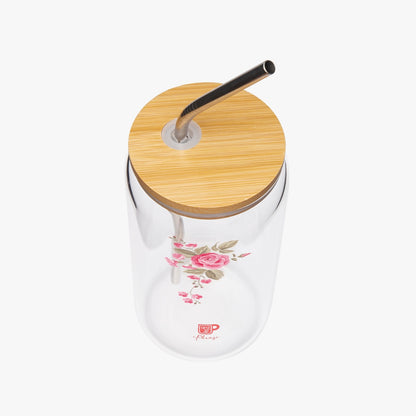 Clear Glass Tumbler with Rose Flower Image, Bamboo Lid