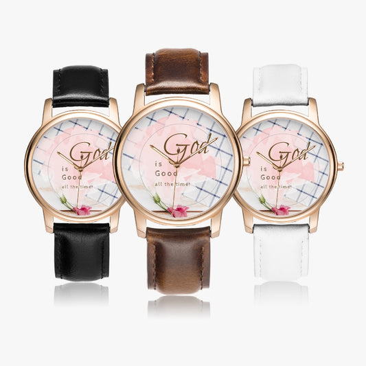 Watch God Is Good All The Time Leather Strap Classic Quartz Watch (Rose Gold)