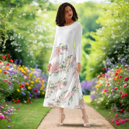 Cottagecore Women's Long-Sleeve Casual Dress, Pink Flower