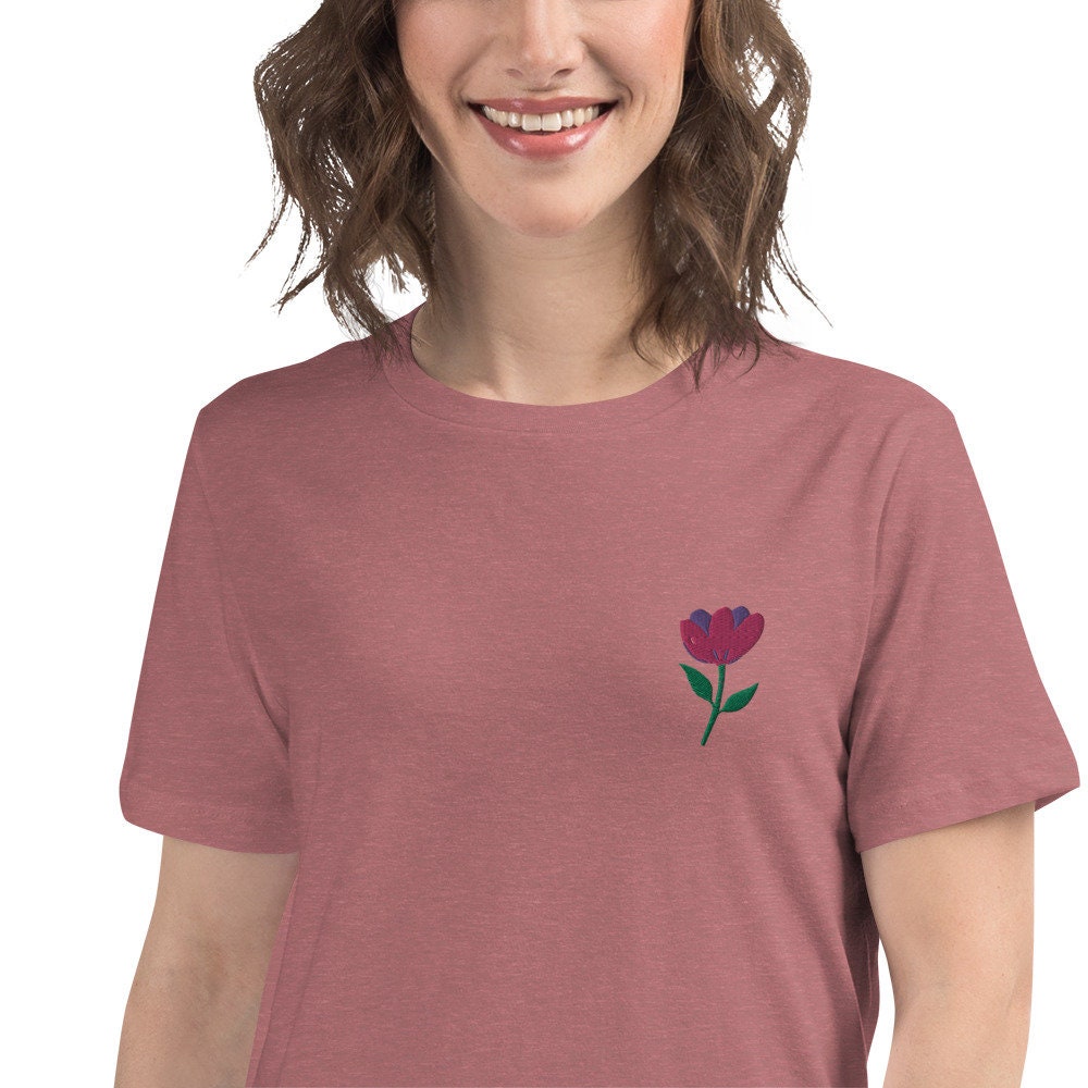 Women Relaxed T-Shirt with Embroidery Flower and Bible verse