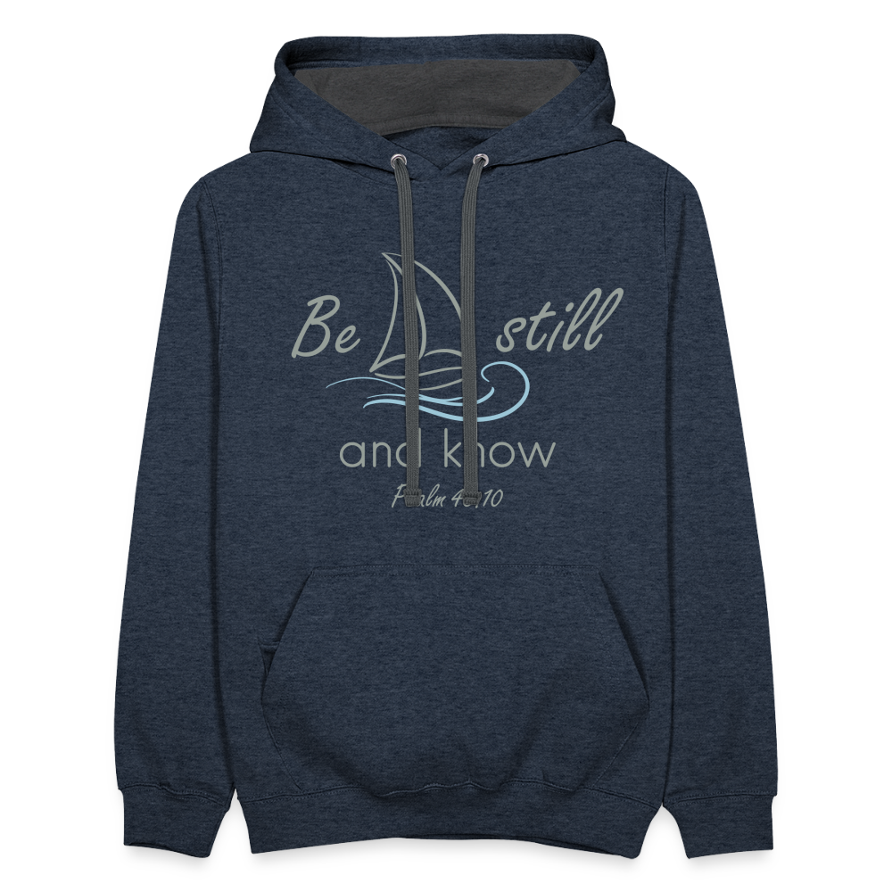 Be Still and Know Bible Verse Contrast Hoodie - indigo heather/asphalt