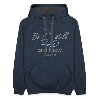 Be Still and Know Bible Verse Contrast Hoodie - indigo heather/asphalt